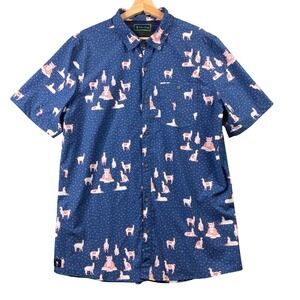 William Murray Golf Mens Navy Blue Llama Print Short Sleeve Button Up Shirt Sz L